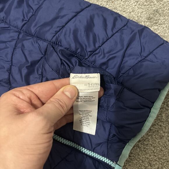 Eddie Bauer Girls Size S 7/8 Blue Puffer Coat Fleece Lined Reversible Jacket - Picture 2 of 5